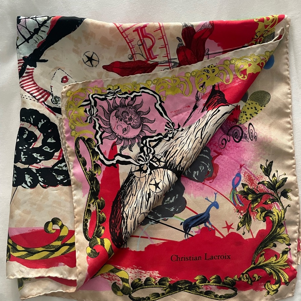 Christian Lacroix Red and Cream Artistic 100%Silk Scarf - Picture 5 of 8
